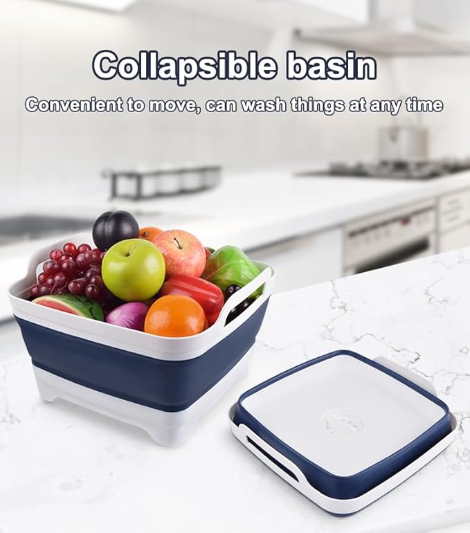 Collapsible Wash Basin 9L, Foldable Dish Tub with Drain Plug, Portable Collapsible Dish Basin, Camping Sink for Washing Dishes, Laundry & Kitchen Use (Navy Blue)-NeatNest