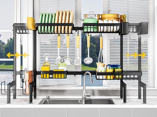 2 Tiers 4 Baskets (one More Than Others) Over The Sink Dish Drying Rack,fits All Sinks (from 24.8" to 35.4"),2-Tier Adjustable Sink Rack,Dishes Rack Kitchen Storage Organizer Space Saving