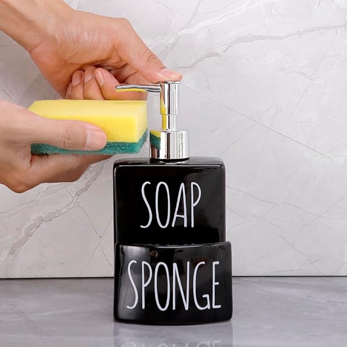 Ceramic Soap Dispenser with Sponge Holder - 2-in-1 Countertop Soap Pump Dispenser for Sink, Useful Kitchen Gadget - Black-NeatNest