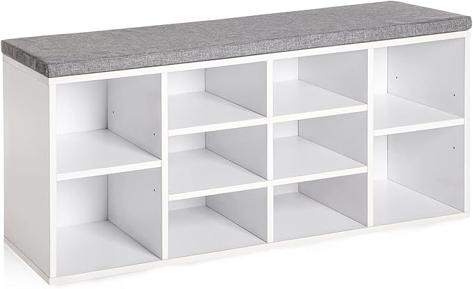 Shoe Storage Bench, Entryway Bench with Storage, 3-Tier Shoe Rack Bench 10 Cubbies Adjustable Shelves Shoe Organizer Shelf for Hallway Front Door Living Room Bedroom