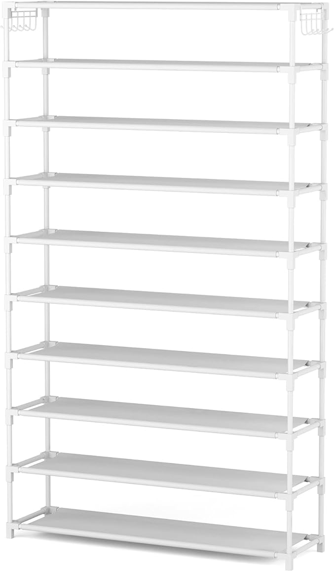 10 Tiers Shoe Rack 50 Pairs Large Capacity Tall Shoe Organizer Sturdy Shoe Storage with Two Hooks Space Saving Metal Wide Shoe Rack for Closet, Entryway, Bedroom, White-NeatNest