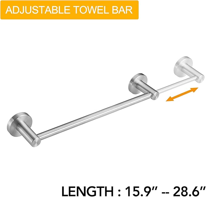 BESy Adjustable 15 to 26 Inch Single Bath Towel Bar for Bathroom SUS304 Stainless Steel Towel Holder, Wall Mount with Screws Hand Towel Bar Rod Hotel Style, Brushed Nickel-NeatNest