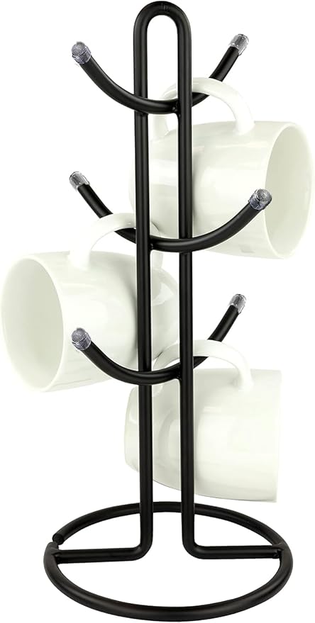FitWell Mugs Holder, Mug Tree, Coffee Mug Holder, Coffee Mug Tree, Mug Organizer for Cabinet, Mug Holder Stand, Coffee & Tea Cup Storage Rack (Black, 6 Mugs (15"H))-NeatNest