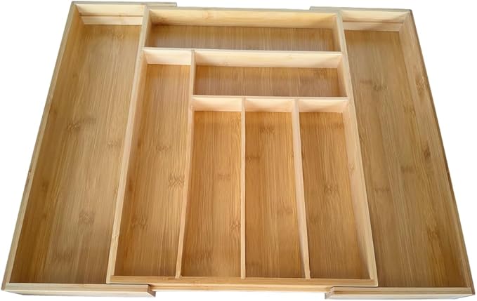 Adjustable Bamboo Drawer Organizer, Expandable Silverware Drawer Organizer, Large Cutlery Tray with Wooden Drawer Dividers for Flatware Organizing Kitchen Utensils Holder (6-8 Slots, Natural)-NeatNest