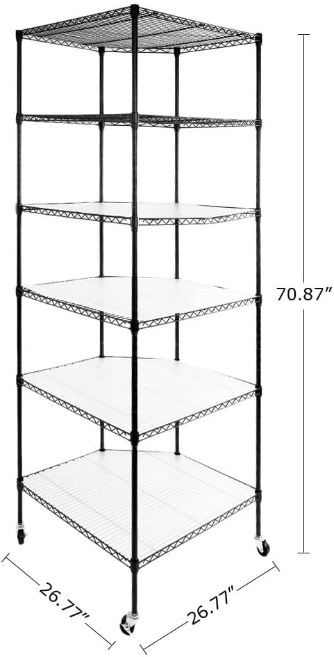 6 Tier Corner Wire Shelving Unit, Adjustable Wire Shelf with Wheels, Metal Storage Shelves and Racks for Kitchen, Bathroom, Laundry, Pantry, Closet (27" D x 27" W x 71" H, Black)