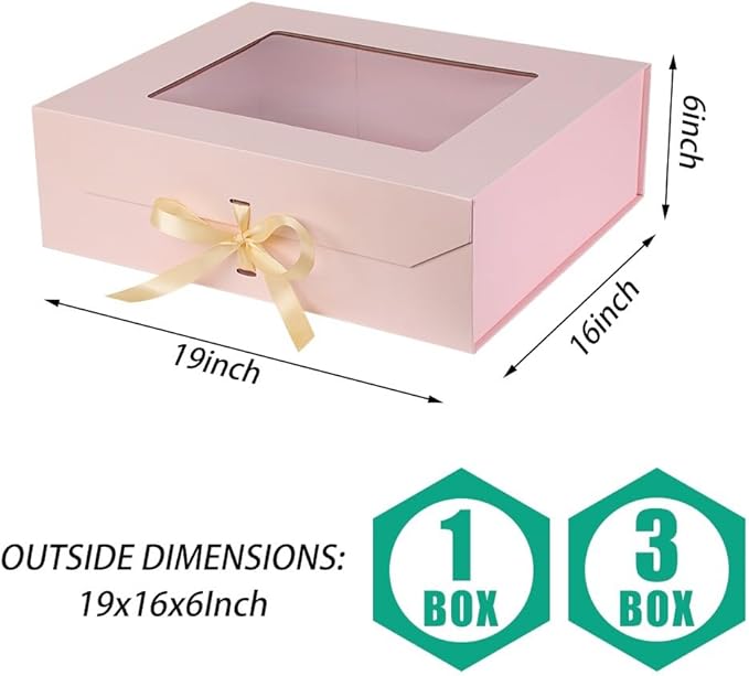 3 Pcs Extra Large Pink Gift Box for Presents with Ribbon 19x16x6 Inches Clear Gift Box with Window Magnetic Closure Gift Boxes with Lids-NeatNest