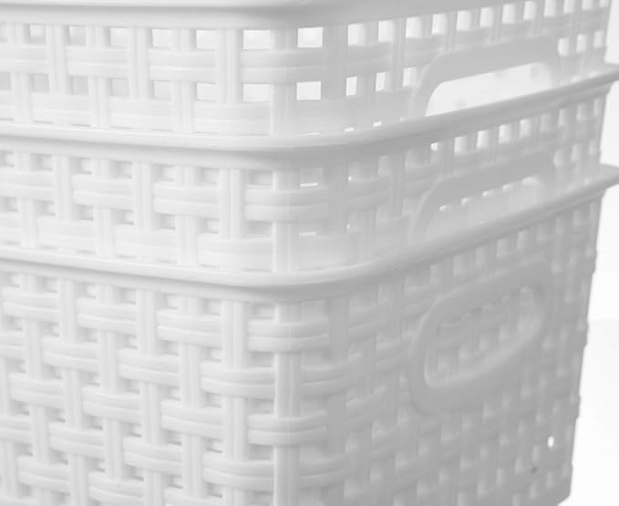 White Plastic Woven Storage Baskets, 12-Pack Weave Basket Organizer for Kitchen Office Bathroom