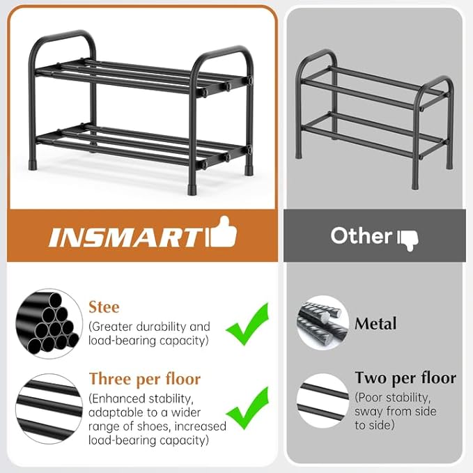 INSMART 2-Tier Expandable Shoe Rack:Stackable and Adjustable Shoes Organizer Storage Shelf, Sturdy and Durable Metal Structure Free Standing Shoe Rack for Closet Entryway Doorway-NeatNest