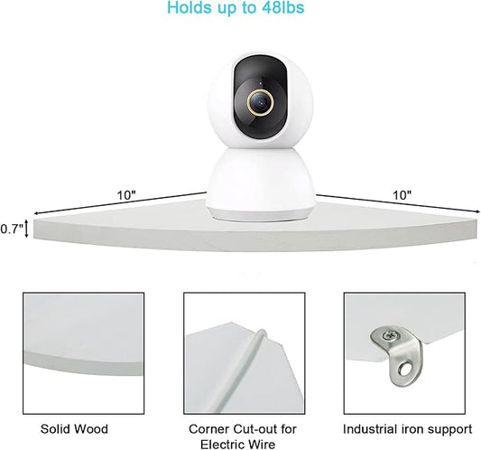 Corner Wall Shelves Set of 2, Rustic Wood Corner Floating Shelves with Cable Raceway, Wall Mount Storage Display for TV Accessories, Baby Monitor (White, Fan-shaped-10 Inch)-NeatNest