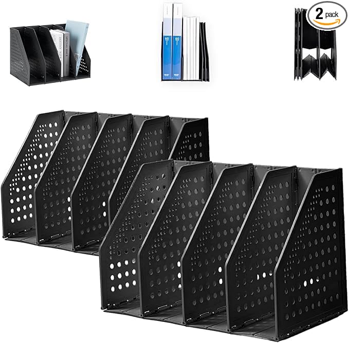 deli 2 Pack 4 Vertical Compartment Binder Holder for Desk Organizer Collapsible Magazine File Holder Adjustable Sturdy Binder Storage Organizer for Office School Home-Black-NeatNest