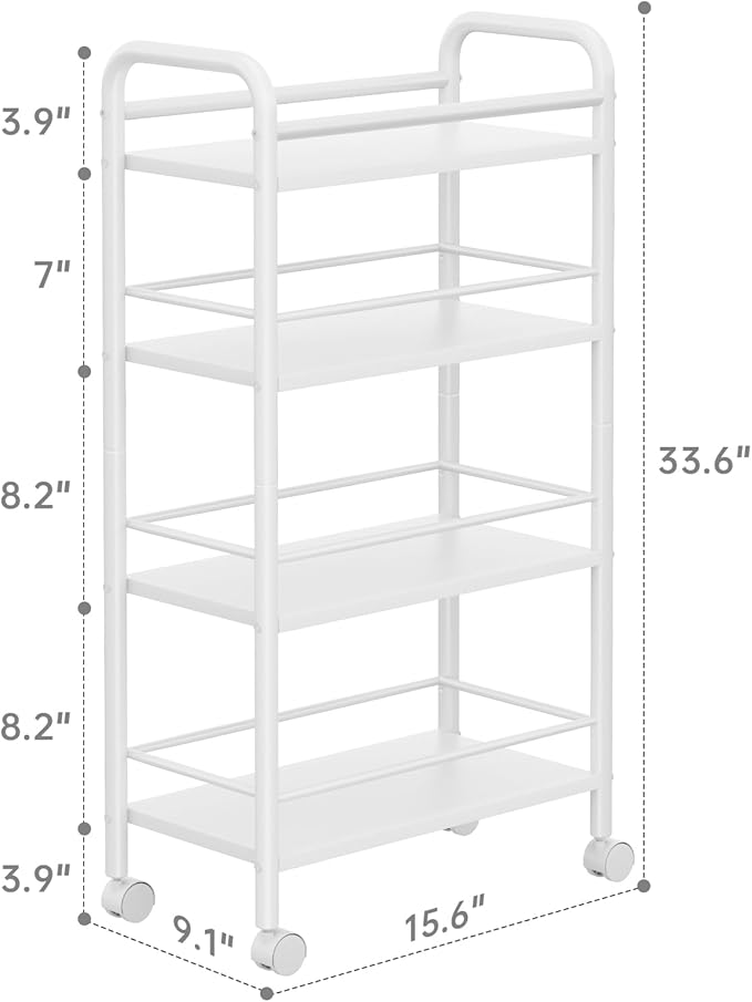 Slim Storage Cart, 4 Tier Small Rolling Bathroom cart Metal and Wood Skinny Utility Cart on Wheels for Narrow Kitchen Laundry Room White