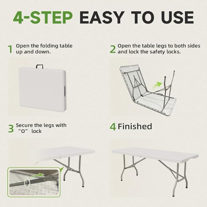 Folding Table 6 Foot - Heavy Duty 330LBS Capacity, Sturdy & Foldable Design with Safety Lock - Portable Tables Folding for Camping, Party, Indoor & Outdoor Use, 1 Pack-NeatNest