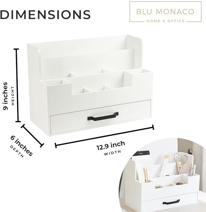 BLU MONACO White Wooden Desk Organizer with Drawer – Office Desk Caddy for Supplies and Accessories – Stylish Desktop Storage for Women-NeatNest