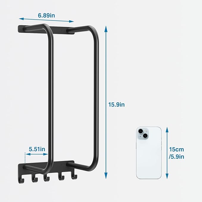 Towel Rack Bathroom Wall Holder: 15.9 Inch Wall Mounted Shower Organizer, for Rolled Towel Storage, 2 Metal Racks Plus Extra 5 Hooks, for Modern Small Space Bathroom, RV Campers (Matte Black)