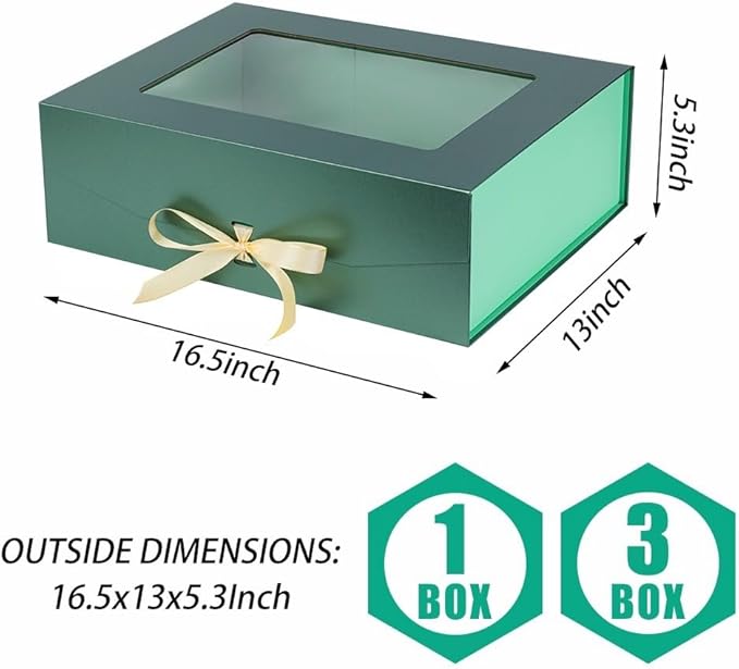 3 Pcs Green Extra Large Gift Box for Presents with Ribbon 16.5x13x5.3 Inches Clear Gift Box with Window Magnetic Closure Gift Boxes with Lids-NeatNest