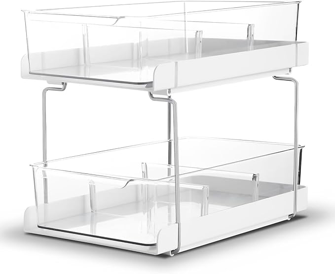 vacane 13" Clear Pull-Out Organizer with Adjustable Dividers - 2-Tier Bathroom & Kitchen Storage Bins for Vanity, Under Sink Cabinets, Pantry