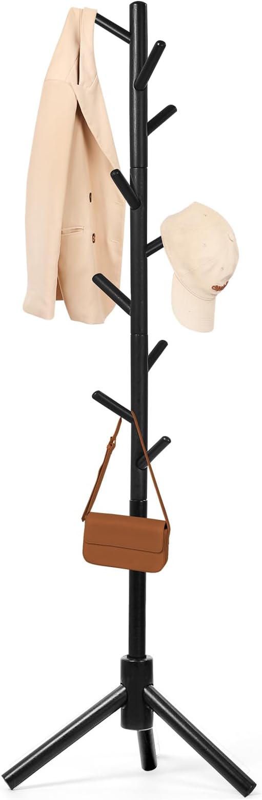 Beech Wood Coat Rack Stand with 9 Hooks, 3 Height Adjustable, simple Freestanding Solid Wooden Coat Tree Hanger for Clothes, Hats, Scarves, bags, Jackets, Bedroom, livingromm, Office (Black)-NeatNest
