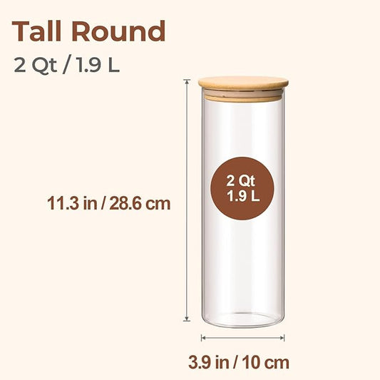 ComSaf Glass Spaghetti Pasta Storage Container with Lids 2 Qt Set of 3, Tall Clear Airtight Food Storage Jar with Wood Cover Kitchen Pantry Storage Container for Noodles Flour Cereal Coffee Beans-NeatNest