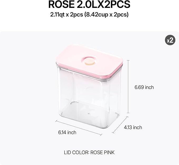 Premium Airtight Food Storage Containers ROSE 2.0L(2.11qt) 2P/SET, Patented Double Silicone Lining, 100% Leak Proof, BPA-FREE