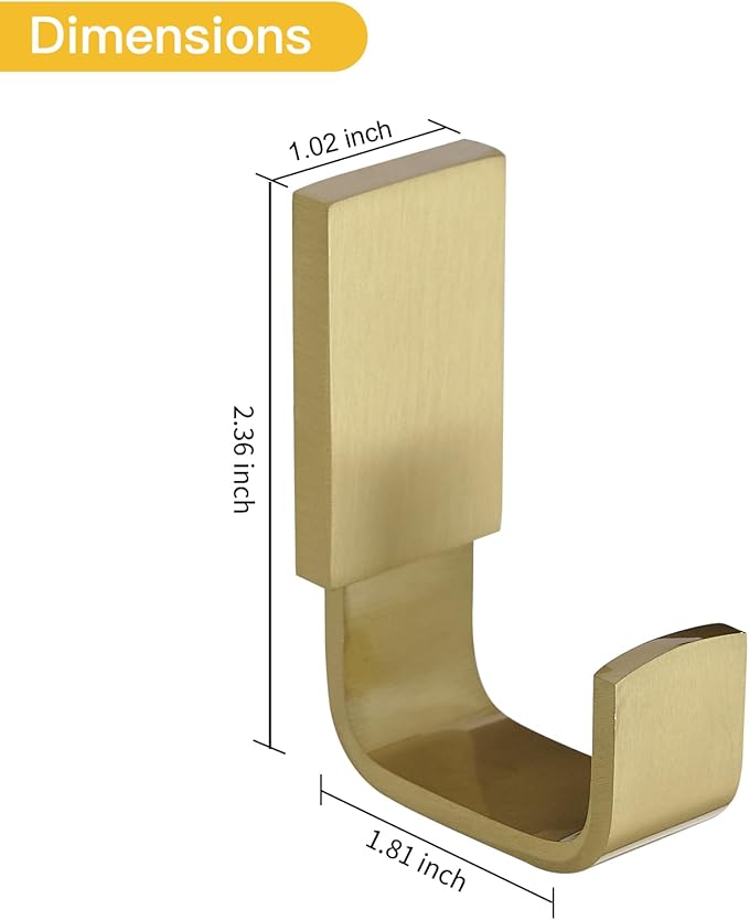 BESy Brass Clothes Hook Single Towel Hook for Bathroom Kitchen Garage Square Style Robe Hooks Coat and Hat Hook, Self Adhesive with Glue or Wall Mounted with Screws, Four Packs, Brushed Gold-NeatNest
