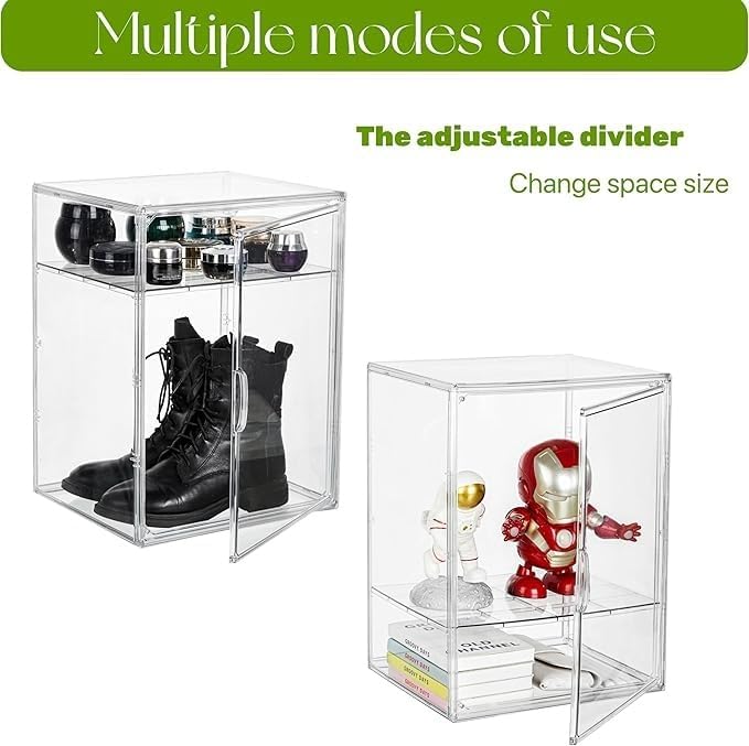 Acrylic Display Case with an Adjustable Divider, 2 Tiers XXX-Large Boot Shoe Storage Boxes Clear Plastic Stackable Storage Bin with Lids Super Large Clear Display Box for Shoes, Collectibles-NeatNest