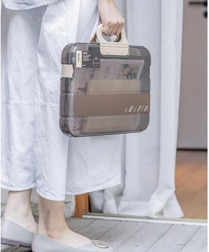 Portable File Box Clear Waterproof Document Storage Box with Snaps PP Files Organizer Cases for A4 Paper Magazines Notebooks School or Office Supplies (1 pcs, Brown)