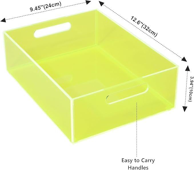 Acrylic Storage Bin Pantry Storage Container with Handles Kitchen Organizer Bin for Cabinet Cupboard Organization, Heavy Duty, 12.6 x 9.4 x 4'', Neon Green
