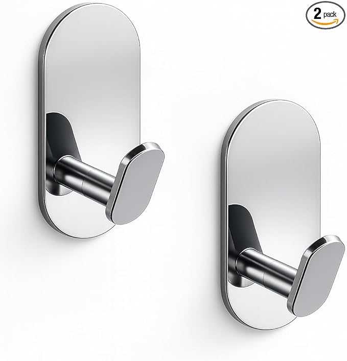 Adhesive Towel Hooks for Bathrooms 2 Pack Polished Chrome Stainless Steel and Zinc Alloy Sticky Wall Hooks for Hanging Heavy Duty Self Adhesive Robe Shower Hanger for Kitchen, Closet, Cabinet, Door