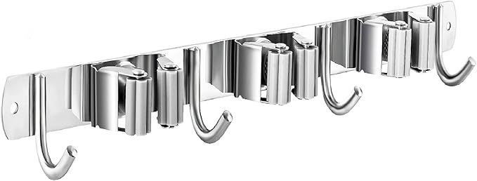 Mop and Broom Hanger Wall Mount, stainless steel Broom Hook Organizer Wall Mounted, Heavy Duty Mop Holder Storage Rack - 3 Racks 4 Hooks for hanging brooms and mops-NeatNest