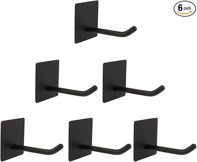 Bath Towel Hooks - 6 Pack Long Self Adhesive Coat/Clothes Hooks, No Drilling Strong Sticky Hooks, Heavy Duty 304 Stainless Steel Shower Wall Hook for Bathroom Kitchen Bedroom(Matte Black)