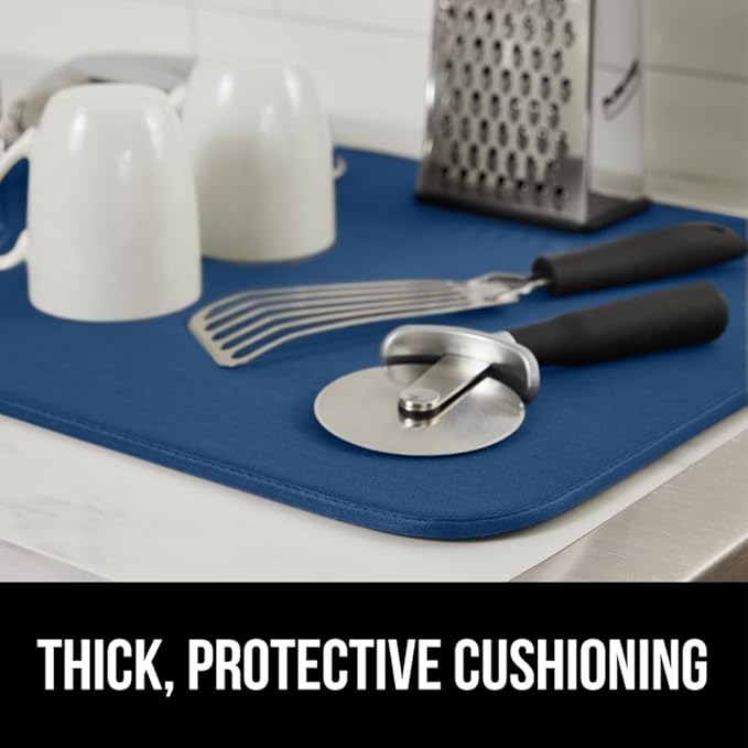 GORILLA GRIP Ultra Water Absorbent Microfiber Dish Drying Mat, Quick Dry Thick Mesh, Slip Resistant Pad for Sink Dishes or Under Rack, Kitchen Counter Accessories, 16x18, Machine Wash, Blue