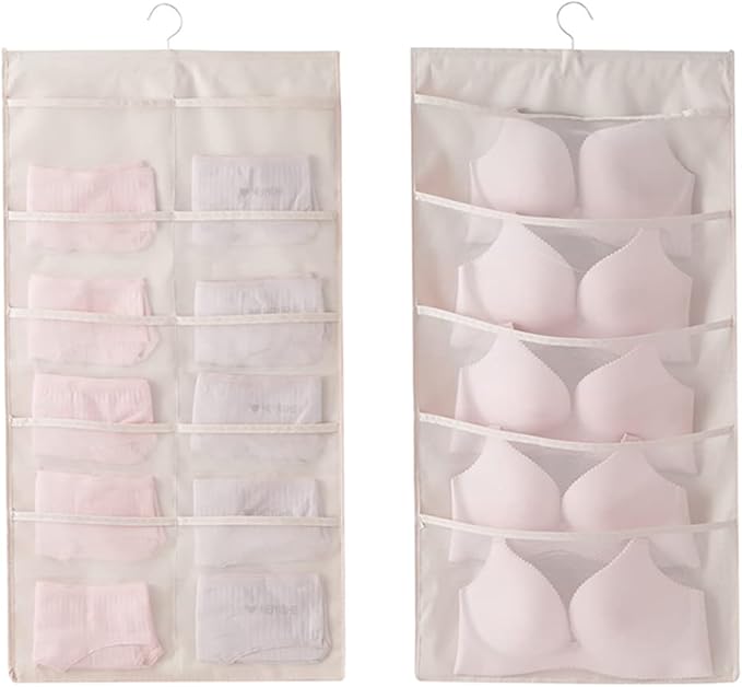 Enlarged Closet Hanging Bra Organizer with Rotating Metal Hanger, Dual Sided Wall Shelf Wardrobe Mesh Pockets Hanging Storage Bag for Bra Socks Underwear Underpants-NeatNest