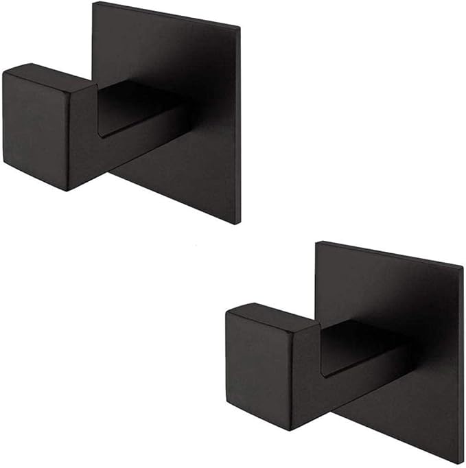 2PC Self Adhesive 304 Stainless Steel Bathroom Square Towel Hook Chrome Finish Coat hat Door Hook Hanger Bathroom Accessories,No Screw Need (Black, 2PC)