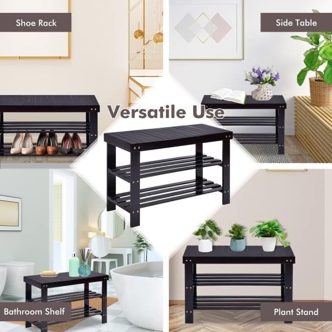 Safeplus 27.5" Bamboo Shoe Rack Bench, 3-Tier Entryway Shoe Organizer, Storage Shelf for Shoes, Slippers, Holds up to 220lbs for Hallway Bathroom Living Room Balcony