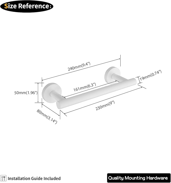 GERZWY 9-Inch Bath Towel Bar SUS 304 Stainless Steel Bathroom Towel Bar Modern Round Style Wall Mount, White