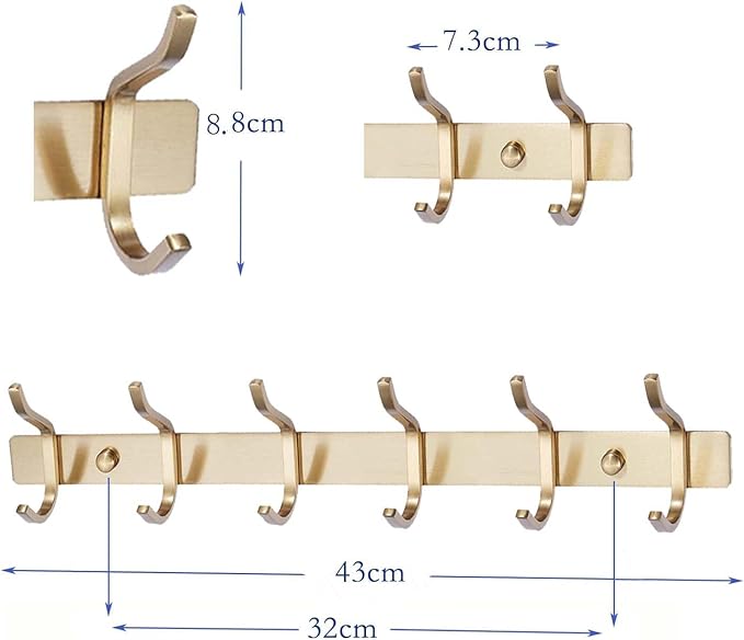 AZW Coat Rack Wall Mount,Heavy Duty Stainless Steel Metal Coat Hooks Hanging for Robes Bags Keys Hat Clothes and Bathroom Door Towels Hanger(Brusshed Brass Gold 6 Hooks)-NeatNest