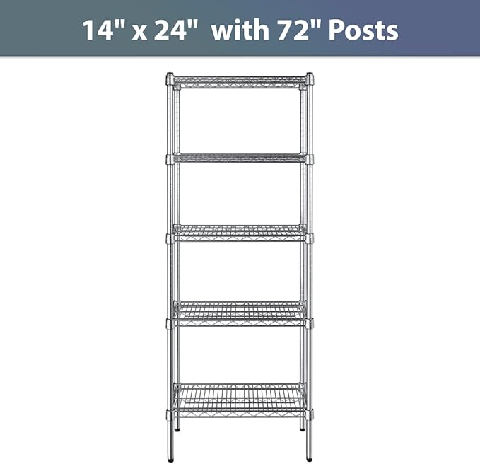 14" x 24" NSF Chrome 5-Shelf Kit with 72" Posts, Commercial Storage Rack Unit, Heavy Duty Storage Shelving, Wire Shelving Kit, Adjustable Rack Strong Steel, Multipurpose Wire Shelf
