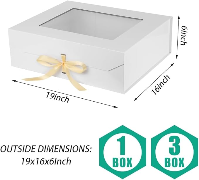 3 Pcs Extra Large White Gift Box White for Presents with Ribbon 19x16x6 Inches Clear Gift Box with Window Magnetic Closure Gift Boxes with Lids-NeatNest