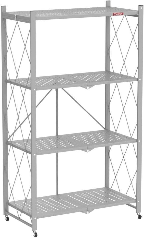 DEANIC 4 Tier Foldable Storage Shelves with Wheels, Large Capacity Shelving Unit, Freestanding Metal Wire Shelf Rack, No Assembly Organizer Rack for Garage Kitchen, Basement, Pantry(Grey)-NeatNest