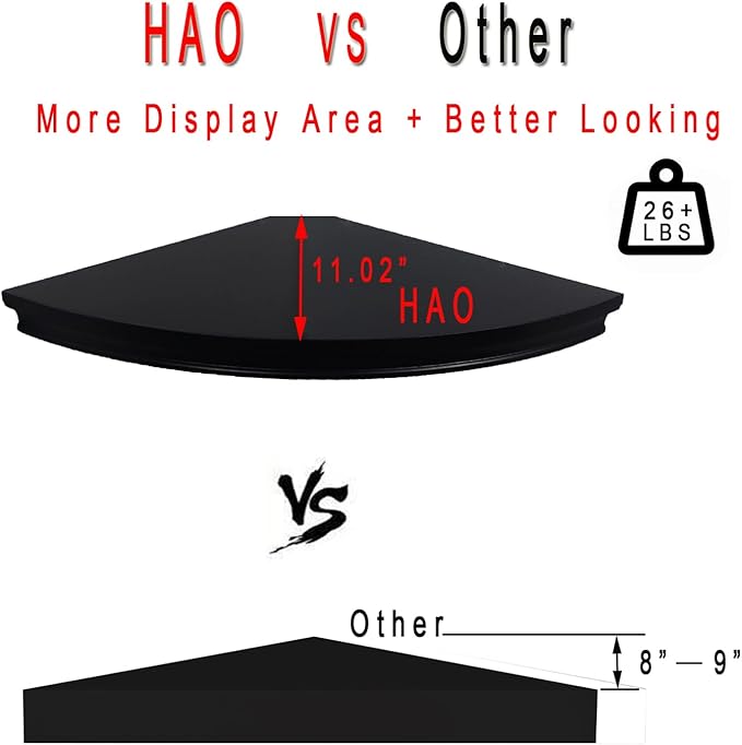 HAO Floating Corner Shelf Invisible Wall Mounted Shelves Radial Shape Cable Wire Hole Pattern Perfect for Bedroom Bathroom Living Room Kitchen Set of 2 Black-NeatNest