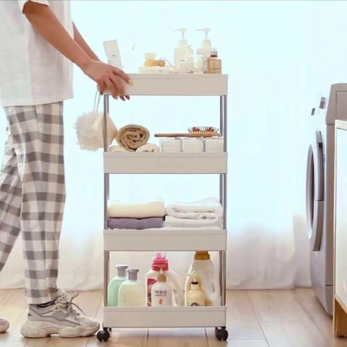 4-Tire Slim Storage Cart with 4 Hooks, Multi-Functional Narrow Rolling Kitchen Shelving Unit for Kitchen, Bathroom, Laundry Room, Office