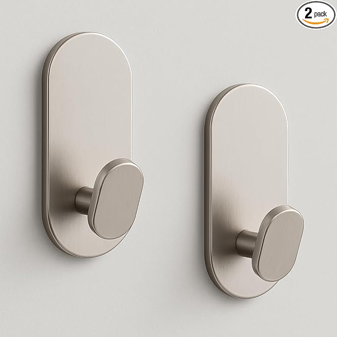 Adhesive Towel Hooks for Bathrooms 2 Pack Brushed Nickel Stainless Steel and Zinc Alloy Sticky Wall Hooks for Hanging Heavy Duty Self Adhesive Robe Shower Hanger for Kitchen, Closet, Cabinet, Door