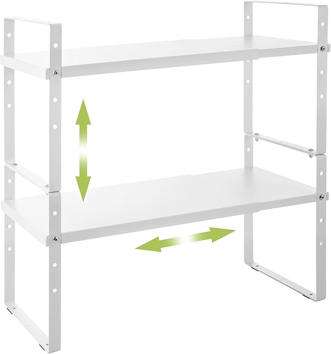 Expandable Cabinet Shelf Organizer Rack, Stackable Kitchen Counter Storage Shelves Stand, Adjustable Height Pantry Shelf Spice Rack (White, 2 Pack)-NeatNest