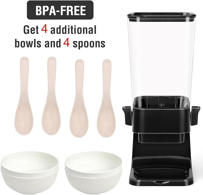 Cereal Dispenser Countertop with 4 Pack Bowls and Spoons 5.5 Qt Large Cereal Storage Container Holder for Pantry Dry Food Nut Dispenser Snack Candy Organizer Kitchen Organization for Oatmeal Granola-NeatNest