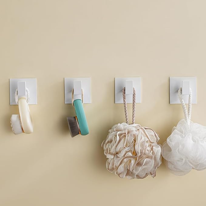 4 Pack Adhesive Towel Holder Bathroom Shower Robe Hook Hanging Coat Clothes Rack Stickers Square Metal Wall Hooks White