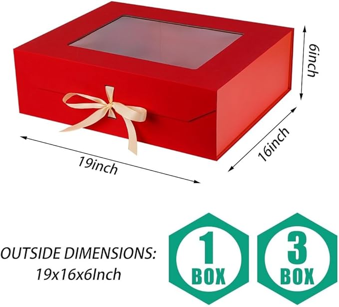 3 Pcs Extra Large Red Gift Box for Presents with Ribbon 19x16x6 Inches Clear Gift Box with Window Magnetic Closure Gift Boxes with Lids-NeatNest