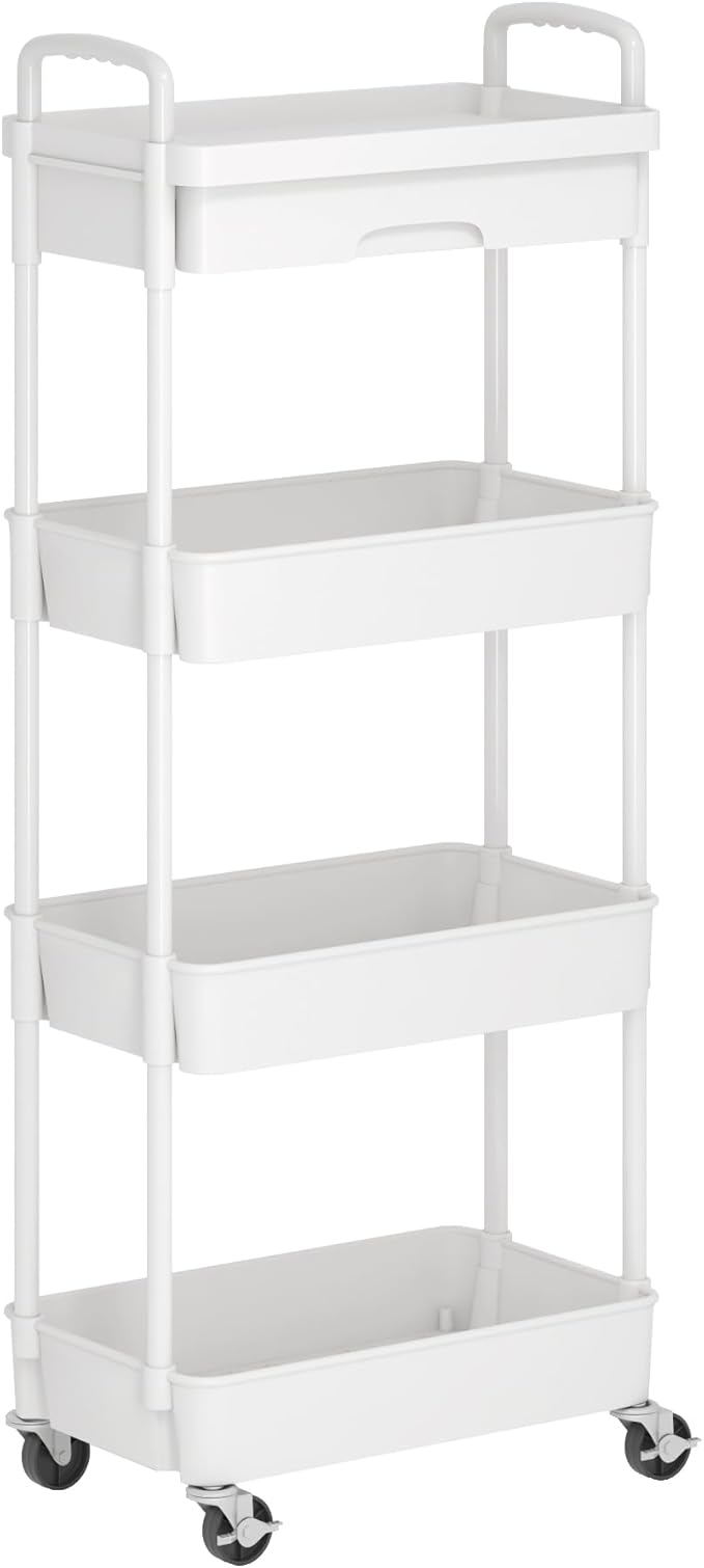 Dttwacoyh 4-Tier Rolling Cart,Trolley with Drawer, Kitchen Storage Organizer with Plastic Shelf & Metal Wheels, Storage Cart for Living Room, Kitchen, Office, Bathroom, White