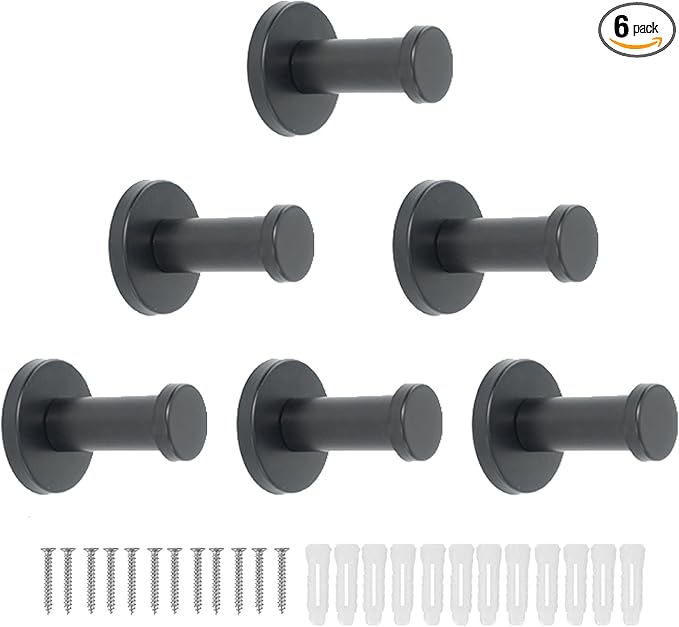 Bathroom Towel Hooks, 6 Pack Round Coat Hooks, Sturdy Wall Mounted Robe Hook, SUS 304 Stainless Steel Heavy Duty Clothes Hanger, Wall Towel Hooks for Bathroom Bedroom Kitchen (Black)