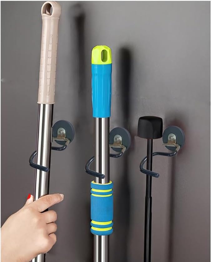 2PCS Magnetic Broom Hooks, Space-Saving Mop Rake Rack, Stainless Steel Heavy Duty Mop Handle
