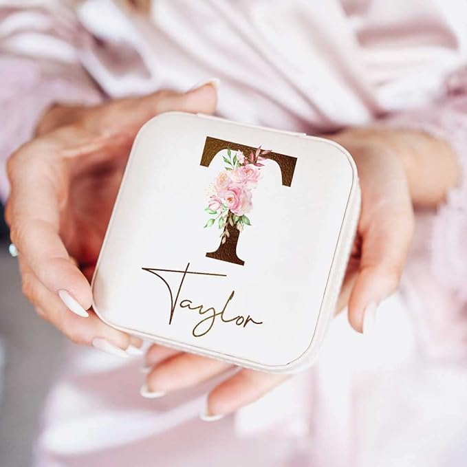 DayOfShe Personalized Bridesmaid Gifts-Travel Jewelry Box for Bachelorette Party Gifts-Leather Initial Floral Jewelry Organizer for Maid of Honor Gift for Bridesmaids-NeatNest